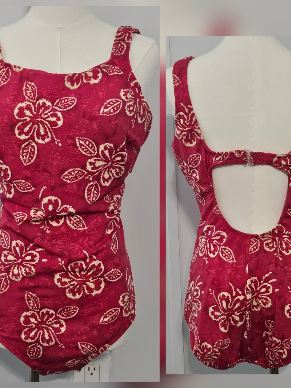 Land's End Women's Long Size 16 Red Floral Ladies One Piece Bathing Suit Swimsui